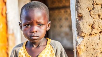 Thoughtful child standing by a rustic doorway - Powered by Adobe