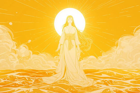 Illustration of Goddess Amaterasu Standing Against the Radiant Sun &ndash; Embodying Strength and Grace, Perfect for Art and Interior Decor Inspired by Japanese Legends