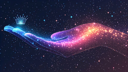 Sparkling Hand Holds Crown on Starry Night Background