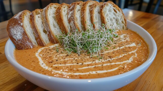 Fresh tomato soup with sourdough bread microgreens