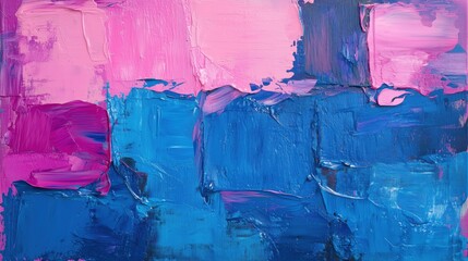 Abstract painting with vibrant pink and blue colors, textured brush strokes