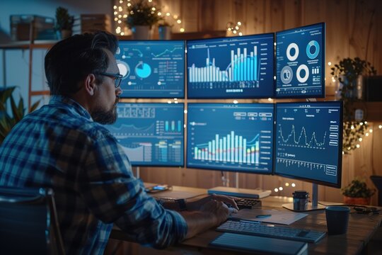 A marketer reviewing the performance of a video marketing campaign on a multi-screen setup, with graphs, viewer retention data, and comments.