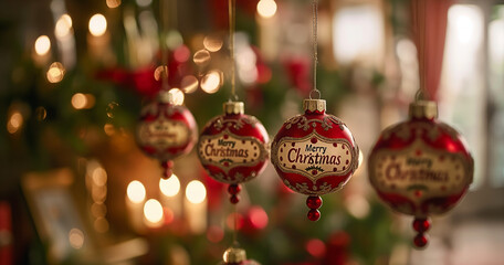 Red Christmas Ornaments Hanging With Golden Strings