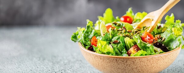 Fresh salad with greens and cherry tomatoes in a wooden bowl.