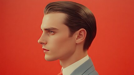 Elegant Profile Portrait Against Vibrant Red Background