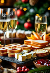 Fototapeta premium Christmas Toast with Champagne and Holiday Appetizers. Christmas Table with Champagne and Holiday Canapés. Christmas Party with Champagne and Festive Snacks