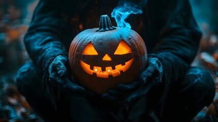 Ghostly Pumpkin with Blue Flame for Halloween Celebration