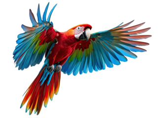 Colorful parrot flying with wide-spread wings, isolated on transparent cutout background