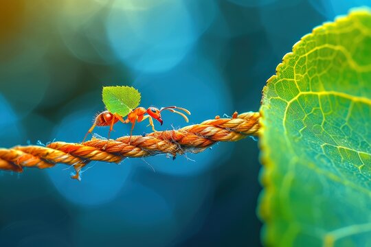 Macro shot of ant carrying leaf on thin strand