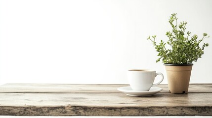 Small cafe scene with a rustic table, coffee cup, and plant decor, isolated on a crisp white background.