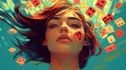 A woman with red hair and blue eyes looks at the camera as dominoes fall around her.