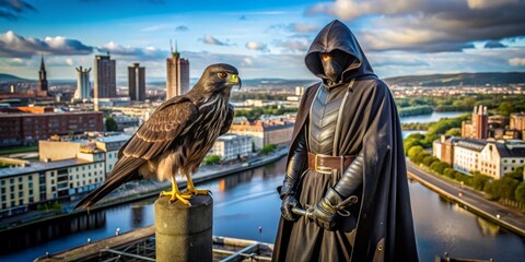 a person with an eagle on the background of the city