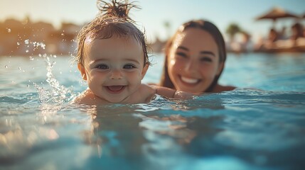 A mother and her baby daughter enjoy a fun day swimming in a pool.