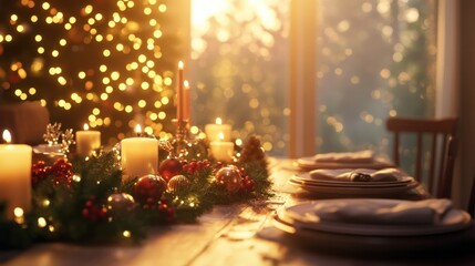 Family enjoying holiday dinner, cozy setting, warm light, background decorations, genuine smiles and laughter