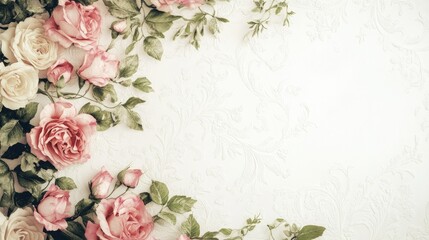 Vintage-style wallpaper with a floral motif on an isolated wall section, white background to emphasize.