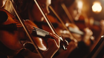 Close-up of a violinist's hands playing a violin during a performance. The violinist is part of an orchestra.