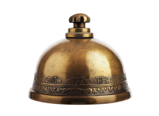 Vintage brass service bell with ornate floral designs, isolated on transparent cutout background