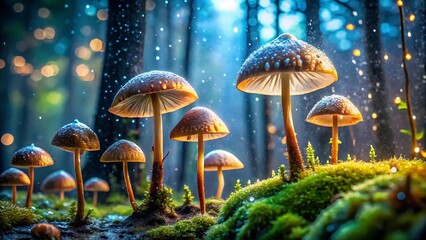 Fototapeta premium Enchanted forest with glowing mushrooms after rain