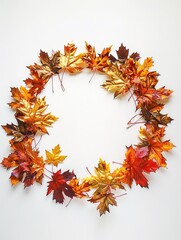 Fototapeta premium Vibrant autumn leaves arranged in circle on white background