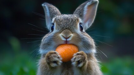 A cute bunny rabbit with big ears and big blue eyes holding a large orange carrot in front of its mouth, standing on its back legs in a grassy field.