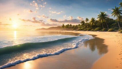 Serene beach at sunset with gentle waves and palm trees lining the shore.