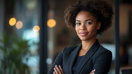 Obraz premium Smiling young African American businesswoman in suit standing in office, arms crossed on chest, looking away 