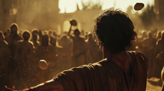 wide shot of Stephen being stoned, Saul standing with his arms crossed in the background, the crowd in a frenzy, stones mid-air