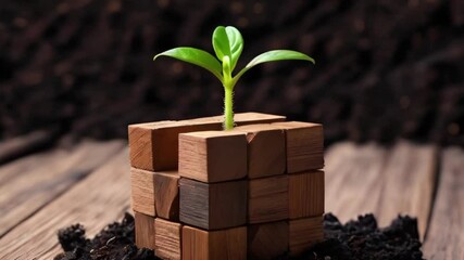 A young green plant emerges from a wooden cube, symbolizing growth and transformation in a nurturing environment created with generative ai