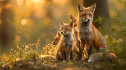 red foxes in a forest clearing during sunrise. ai generated