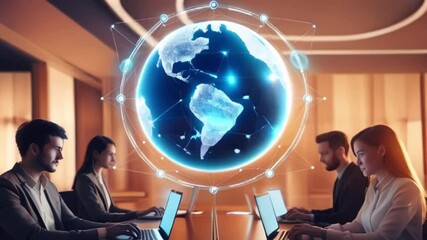 Diverse group of professionals collaborating in a modern office, focused on their laptops with a digital globe visualization in the center created with generative ai - Powered by Adobe