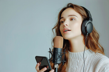 A woman wearing headphones and holding a phone in her hand is singing in front of a microphone,...