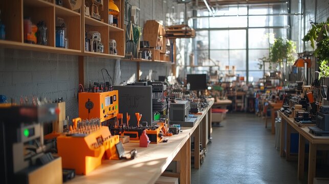 A downtown makerspace filled with 3D printers, laser cutters, and woodworking tools. Inventors and hobbyists work on prototypes, building and testing their creations in a collaborative and