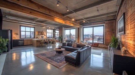 A stylish downtown loft converted into a creative workspace, with exposed beams, polished concrete floors, and large windows offering views of the city. Artists, designers, and tech professionals