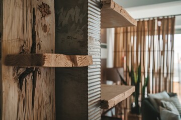 A wooden shelf with a plant on it
