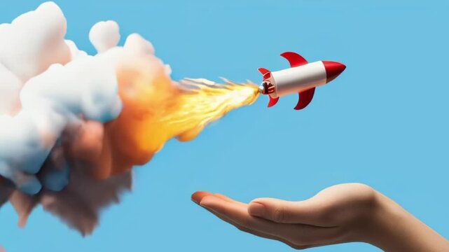 A creative hand launching a red and white rocket against a clear blue sky, symbolizing innovation and aspirations created with generative ai