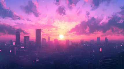 A whimsical anime-inspired cityscape at sunset, with pink and purple hues lighting up the sky and abstract, dreamlike clouds. v2