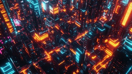 Obraz premium Futuristic city with neon lights and glowing buildings in a dark background.