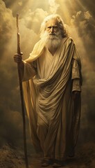 Majestic elderly man resembling moses, exuding wisdom and divinity in a sacred ethereal setting