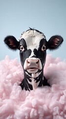 Cute Cow with a Playful Expression Surrounded by Pink Fur