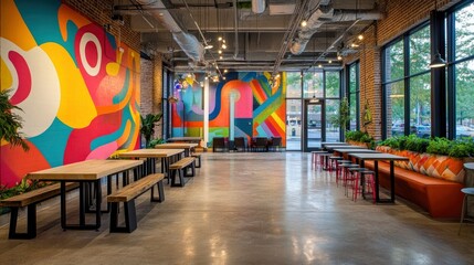 A modern downtown coworking space with a creative twist, featuring vibrant murals, industrial lighting, and an open layout. Entrepreneurs, artists, and tech professionals share ideas and work on