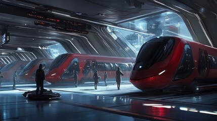 Fototapeta premium Futuristic train station with sleek red trains, passengers boarding, and a futuristic vehicle in the foreground.