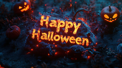 Happy Halloween text made of glowing pumpkins with dark and spooky background. 