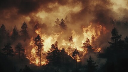 Fototapeta premium A wildfire rages through a forest, engulfing the trees in flames and thick smoke.