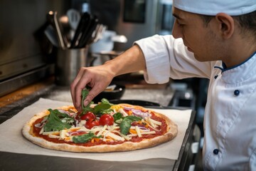A chef sprinkling fresh basil on a pizza