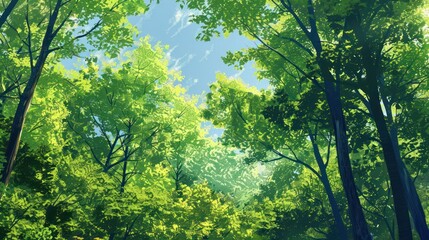 Fototapeta premium An Upward View of a Lush Green Forest Canopy with Sunbeams Filtering Through the Leaves