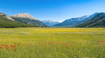 Fototapeta premium Vibrant Green Field Under Clear Blue Sky
