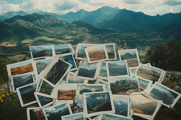 Vintage Mountain Landscape Photographs Scattered on a Hilltop with a View of Rolling Hills and Distant Mountains