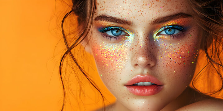 Close-up Portrait of a Woman with Blue Eyes and Sparkly Makeup on an Orange Background