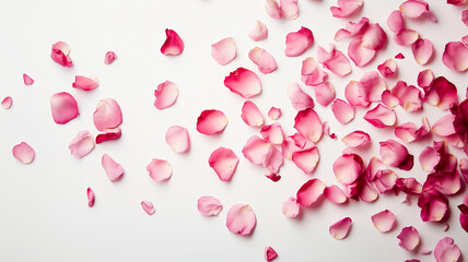 A frame of pink rose petals falling on a white background