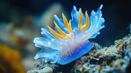 Light blue nudibranch mollusk with yellow rhinophores and tentacles sitting on reef in sea depth